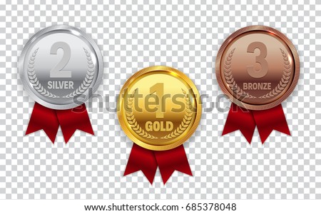 Champion Gold, Silver and Bronze Medal with Red Ribbon Icon Sign First, Second and Third Place Collection Set Isolated on Transparent Background. Vector Illustration EPS10 Champion Gold, Silver and Bronze Medal with Red Ribbon Icon Sign First, Second and Third Place Collection Set Isolated on Transparent Background. Vector Illustration EPS10