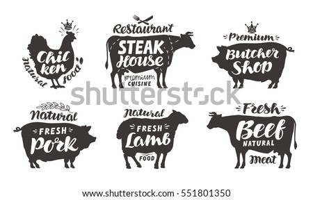Farm animals icons set. Collection of labels with beautiful letterings such as chicken, beef, pork, lamb, butcher shop, steak house. Vector illustration Farm animals icons set. Collection of labels with beautiful letterings such as chicken, beef, pork, lamb, butcher shop, steak house. Vector illustration