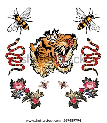 bee tiger snake tiger and flowers patch illustration bee tiger snake tiger and flowers patch illustration