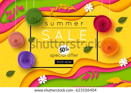 Summer sale background cut paper art style for banner, poster, promotion, web site, online shopping, advertising. Vector illustration with paper rose flowers. Summer sale background cut paper art style for banner, poster, promotion, web site, online shopping, advertising. Vector illustration with paper rose flowers.