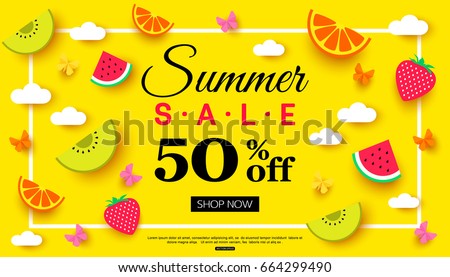 Summer Sale banner with pieces of ripe fruit, berries on colorful background. Vector eps 10 format Summer Sale banner with pieces of ripe fruit, berries on colorful background. Vector eps 10 format