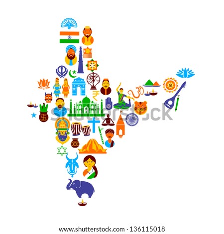 easy to edit vector illustration of Indian map formed by different cultural symbol - stock vector