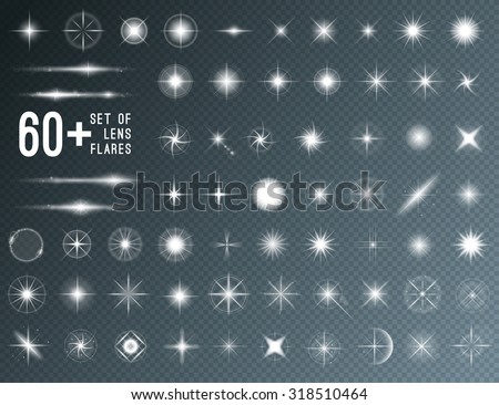 Large set of realistic lens flares star lights and glow white elements on transparent background. Vector illustration - stock vector Large set of realistic lens flares star lights and glow white elements on transparent background. Vector illustration - stock vector