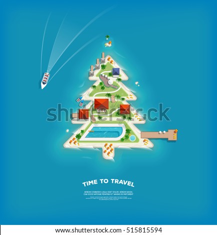 Creative poster with Island in the form of a Christmas tree. Vacation holiday banner. Top view of the island. Holiday trip. Travel and tourism. Creative poster with Island in the form of a Christmas tree. Vacation holiday banner. Top view of the island. Holiday trip. Travel and tourism.