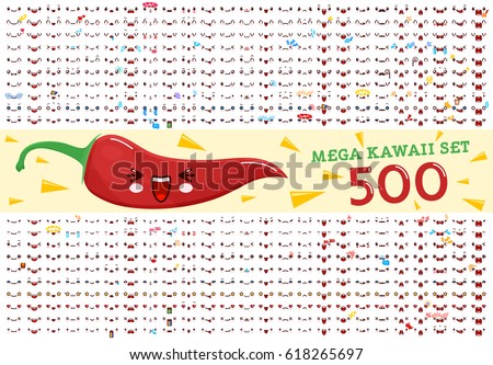 500 Mega set of cute kawaii emoticon face and chili pepper kawaii. Collection emoticon manga, cartoon style. Vector illustration. Adorable characters icons design. 500 Mega set of cute kawaii emoticon face and chili pepper kawaii. Collection emoticon manga, cartoon style. Vector illustration. Adorable characters icons design.