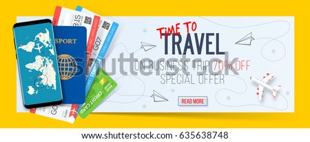 Special offer on business Travel. Business trip banner. Passport with tickets, smartphone and credit card. Air travel concept. Business travel illustration. 70% off. Special offer on business Travel. Business trip banner. Passport with tickets, smartphone and credit card. Air travel concept. Business travel illustration. 70% off.