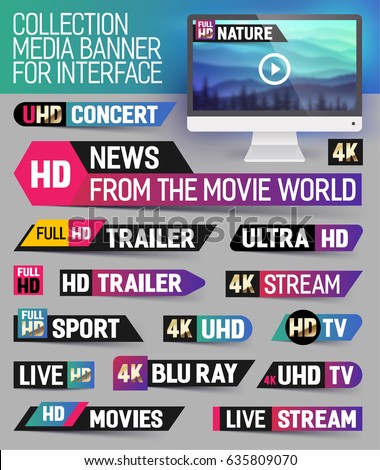 Collection media banner for interface, live news, breaking news, full hd trailer, news label, ultra HD, Sport, live stream inscription. Vector Illustration. Collection media banner for interface, live news, breaking news, full hd trailer, news label, ultra HD, Sport, live stream inscription. Vector Illustration.