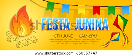 Festa junina banner with traditional paper bonfire, flags and lanterns. Latin American holiday. Brazil Festival. Vector banner. Festa junina banner with traditional paper bonfire, flags and lanterns. Latin American holiday. Brazil Festival. Vector banner.