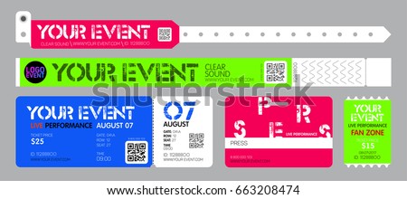 Ticket and bracelets for entrance to the event. Live performance entrance vector tickets and bracelets templates. Dance, Music or Concerts. entrance to fan zone Ticket and bracelets for entrance to the event. Live performance entrance vector tickets and bracelets templates. Dance, Music or Concerts. entrance to fan zone