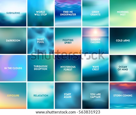 BIG set of 20 square blurred nature turquoise backgrounds. With various quotes. Sunset and sunrise sea sky blurred blue background BIG set of 20 square blurred nature turquoise backgrounds. With various quotes. Sunset and sunrise sea sky blurred blue background