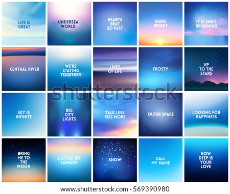 BIG set of 20 square blurred nature dark blue backgrounds. With various quotes. Sunset and sunrise sea ocean sky blurred blue background BIG set of 20 square blurred nature dark blue backgrounds. With various quotes. Sunset and sunrise sea ocean sky blurred blue background