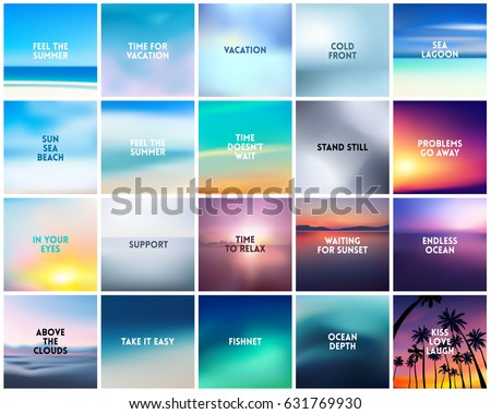 BIG set of 20 square blurred nature backgrounds. With various quotes. Sunset and sunrise sea blurred background BIG set of 20 square blurred nature backgrounds. With various quotes. Sunset and sunrise sea blurred background