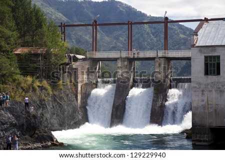 Chemal+&+Gegg+Models water power plant on Chemal, Altai, Siberia - stock photo