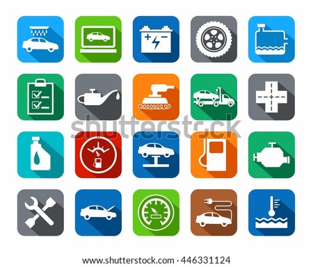 Repair and maintenance of vehicles, colored icons. Vector flat icons 
