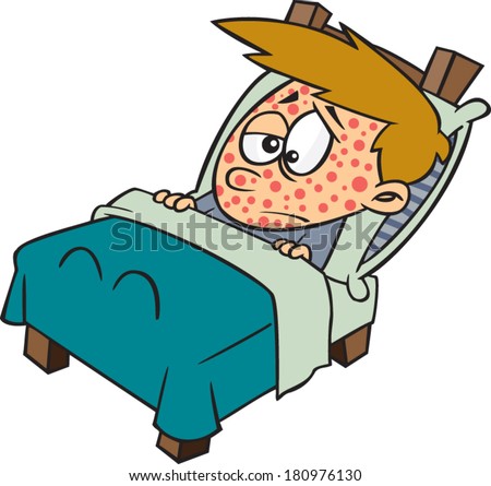 cartoon boy sick in bed with measles - stock vector