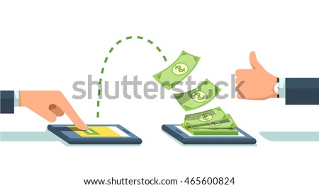 People sending and receiving money wireless with their mobile phones. Hand tapping smart phone with banking payment app. Modern flat style concept vector illustration isolated on white background. People sending and receiving money wireless with their mobile phones. Hand tapping smart phone with banking payment app. Modern flat style concept vector illustration isolated on white background.