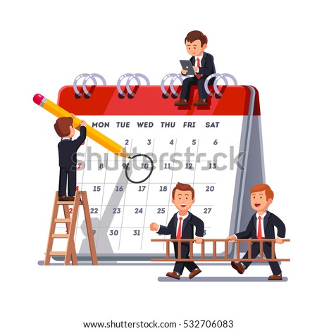 Company business team working together planning and scheduling their operations agenda on a big spring desk calendar. Drawing circle mark with pencil standing on ladder. Flat style vector illustration Company business team working together planning and scheduling their operations agenda on a big spring desk calendar. Drawing circle mark with pencil standing on ladder. Flat style vector illustration