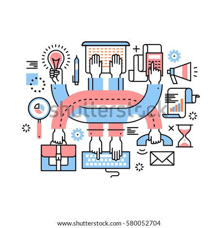 Entrepreneurs teamwork and multitasking hard work at research, sales, marketing, accounting, all at once. Modern thin line icons art work collage. Linear illustration isolated on white background. Entrepreneurs teamwork and multitasking hard work at research, sales, marketing, accounting, all at once. Modern thin line icons art work collage. Linear illustration isolated on white background.