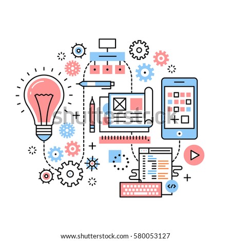 Mobile app development process concept. From big idea to actual release through project analysis, design, software development. Modern thin line icons art work collage. Linear background illustration. Mobile app development process concept. From big idea to actual release through project analysis, design, software development. Modern thin line icons art work collage. Linear background illustration.