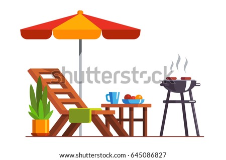Modern backyard design exterior with lounger, table, sunshade umbrella and electric grill for barbecue. Cooking meat & grilling bbq outside. Flat style vector illustration isolated on white background Modern backyard design exterior with lounger, table, sunshade umbrella and electric grill for barbecue. Cooking meat & grilling bbq outside. Flat style vector illustration isolated on white background