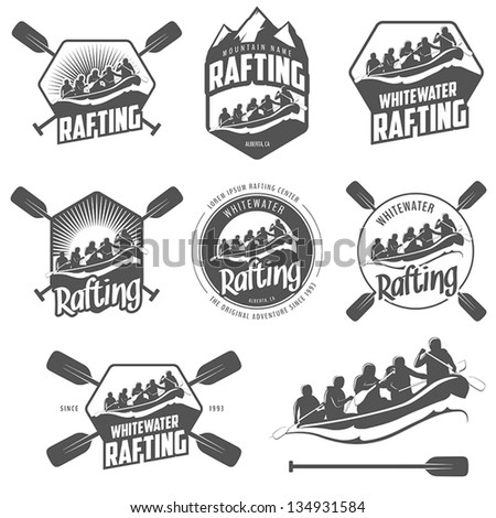 Set of vintage whitewater rafting logo, labels and badges - stock 