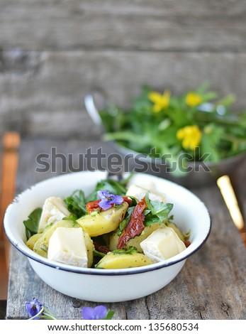 Про стоки potato salad with dandelion and camembert on the summer background - stock photo
