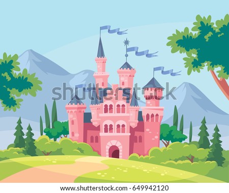 Vector illustration for children with fairy pink castle and landscape Vector illustration for children with fairy pink castle and landscape