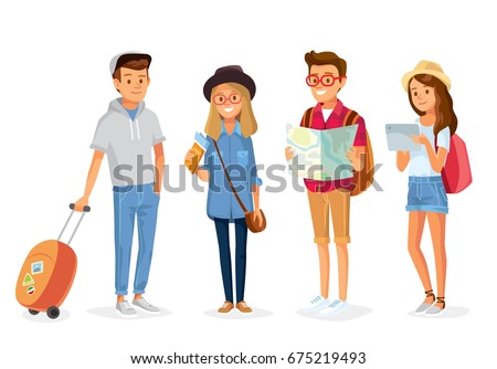 Vector young people with travel bag and map traveling Vector young people with travel bag and map traveling