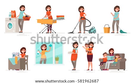 Set of affairs woman housewife. Mother washes, irons, vacuums, cleans, sews, cooks, brings up children. Vector illustration in a flat style Set of affairs woman housewife. Mother washes, irons, vacuums, cleans, sews, cooks, brings up children. Vector illustration in a flat style
