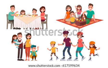 Set of family leisure. Lunch at home, picnic in nature, walk in outdoor, roller skating. Vector illustration in a flat style Set of family leisure. Lunch at home, picnic in nature, walk in outdoor, roller skating. Vector illustration in a flat style