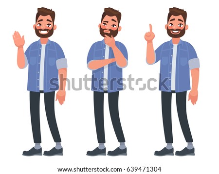 Set of character bearded man greets , thinks and finds a solution. Vector illustration in cartoon style Set of character bearded man greets , thinks and finds a solution. Vector illustration in cartoon style