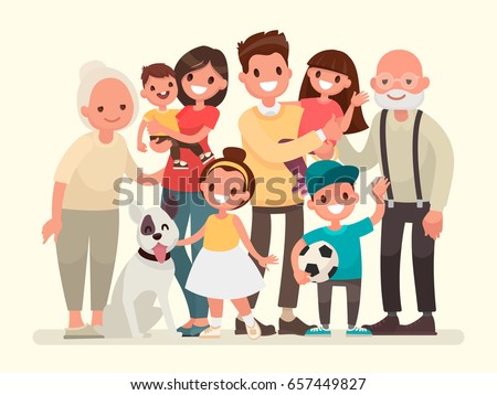 Happy family. Father, mother, grandfather,grandmother, children and pet. Vector illustration in a flat style Happy family. Father, mother, grandfather,grandmother, children and pet. Vector illustration in a flat style
