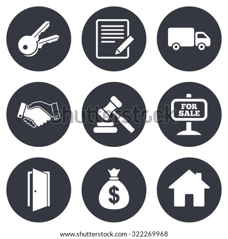 Real estate, auction icons. Handshake, for sale and money bag signs 