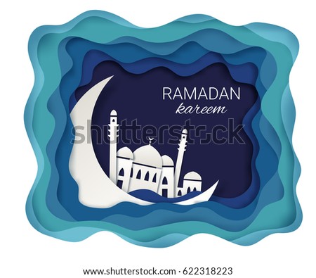Ramadan kareem background. Paper cut vector illustration with mosque and moon. Festive Ramadan greetings card design.
Ramadan kareem background. Paper cut vector illustration with mosque and moon. Festive Ramadan greetings card design.