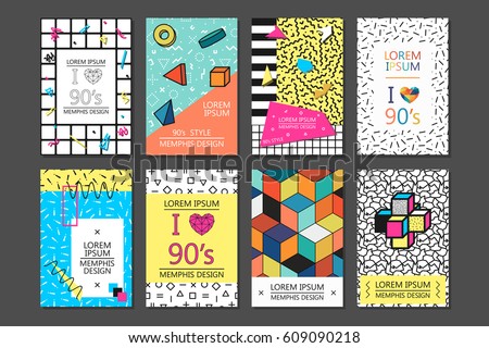 Memphis cards and posters with geometric elements. Collection 80 - 90s fashion. Memphis cards and posters with geometric elements. Collection 80 - 90s fashion.