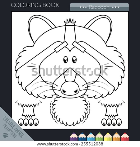 Vector illustration. Coloring book funny cartoon raccoon in square