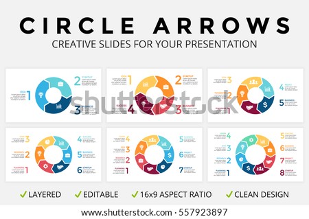 Vector circle arrows infographic, cycle diagram or graph, 16x9 slide presentation, pie chart. Business concept template with 3, 4, 5, 6, 7, 8 options, parts, step, processes. Clean flat simple graphic Vector circle arrows infographic, cycle diagram or graph, 16x9 slide presentation, pie chart. Business concept template with 3, 4, 5, 6, 7, 8 options, parts, step, processes. Clean flat simple graphic