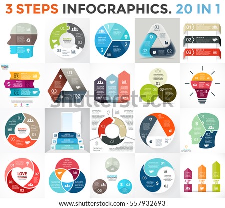 Vector circle infographic set. Business diagram, arrows graph, startup logo presentations, idea pie chart. Data options, 3 parts, steps, processes. Human brain, stairs, eco leaves, heart sign, puzzle. Vector circle infographic set. Business diagram, arrows graph, startup logo presentations, idea pie chart. Data options, 3 parts, steps, processes. Human brain, stairs, eco leaves, heart sign, puzzle.