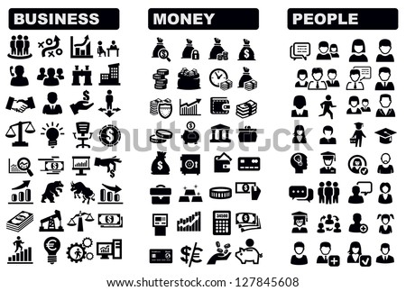 vector black business, money and people icons set by bioraven, via