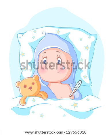 baby got sick, lying in bed with a thermometer - stock vector