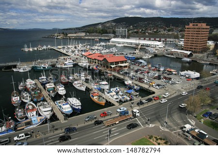 ... Hobart and fishing boats in Hobart, Tasmania, Australia - stock photo