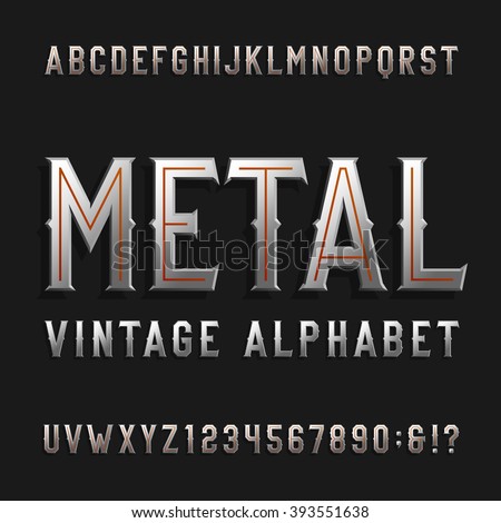 Vintage style alphabet vector font. Metal effect letters and numbers on a dark background. Retro vector typeface for labels, flyers, headlines, posters etc. - stock vector Vintage style alphabet vector font. Metal effect letters and numbers on a dark background. Retro vector typeface for labels, flyers, headlines, posters etc. - stock vector