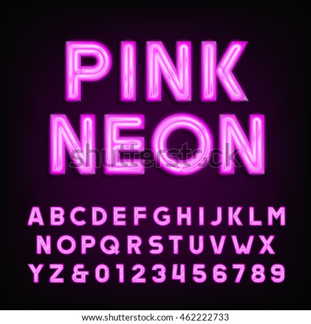 Pink neon tube alphabet font. Type letters and numbers on a dark background. Vector typeface for labels, titles, posters etc. Pink neon tube alphabet font. Type letters and numbers on a dark background. Vector typeface for labels, titles, posters etc.