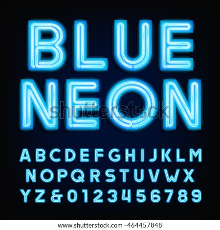 Blue neon tube alphabet font. Type letters and numbers on a dark background. Vector typeface for labels, titles, posters etc. Blue neon tube alphabet font. Type letters and numbers on a dark background. Vector typeface for labels, titles, posters etc.