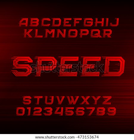 Speed alphabet font. Oblique dynamic red letters and numbers on a dark background. Vector typeface for your design. Speed alphabet font. Oblique dynamic red letters and numbers on a dark background. Vector typeface for your design.