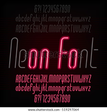 Red neon typeface. Light turn on and off. Modern oblique alphabet. Uppercase and lowercase letters and numbers. Vector font for your design. Red neon typeface. Light turn on and off. Modern oblique alphabet. Uppercase and lowercase letters and numbers. Vector font for your design.