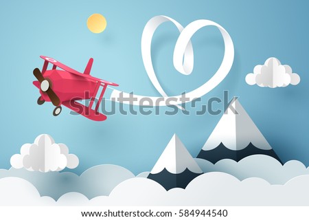 Paper art of ribbon hang with a pink plane flying in the sky, origami and valentines day concept, vector art and illustration. Paper art of ribbon hang with a pink plane flying in the sky, origami and valentines day concept, vector art and illustration.