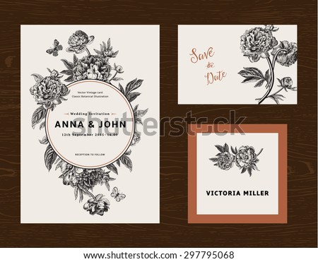 Wedding set. Menu, save the date, guest card. Black and white flowers peonies. Vintage vector illustration. - stock vector Wedding set. Menu, save the date, guest card. Black and white flowers peonies. Vintage vector illustration. - stock vector