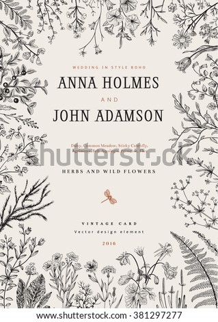The frame of herbs and wild flowers. Wedding invitation in the style of boho. Vector vintage illustration. Black and white - stock vector The frame of herbs and wild flowers. Wedding invitation in the style of boho. Vector vintage illustration. Black and white - stock vector