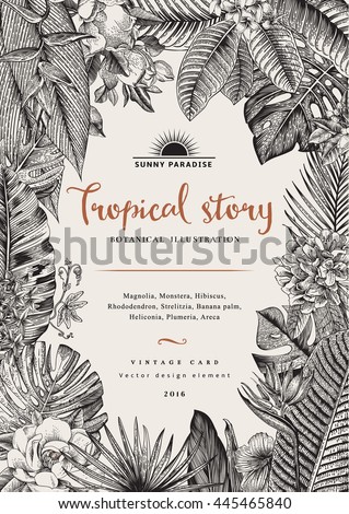 Vector vintage card. Botanical illustration. Tropical flowers and leaves. Black and white - stock vector Vector vintage card. Botanical illustration. Tropical flowers and leaves. Black and white - stock vector